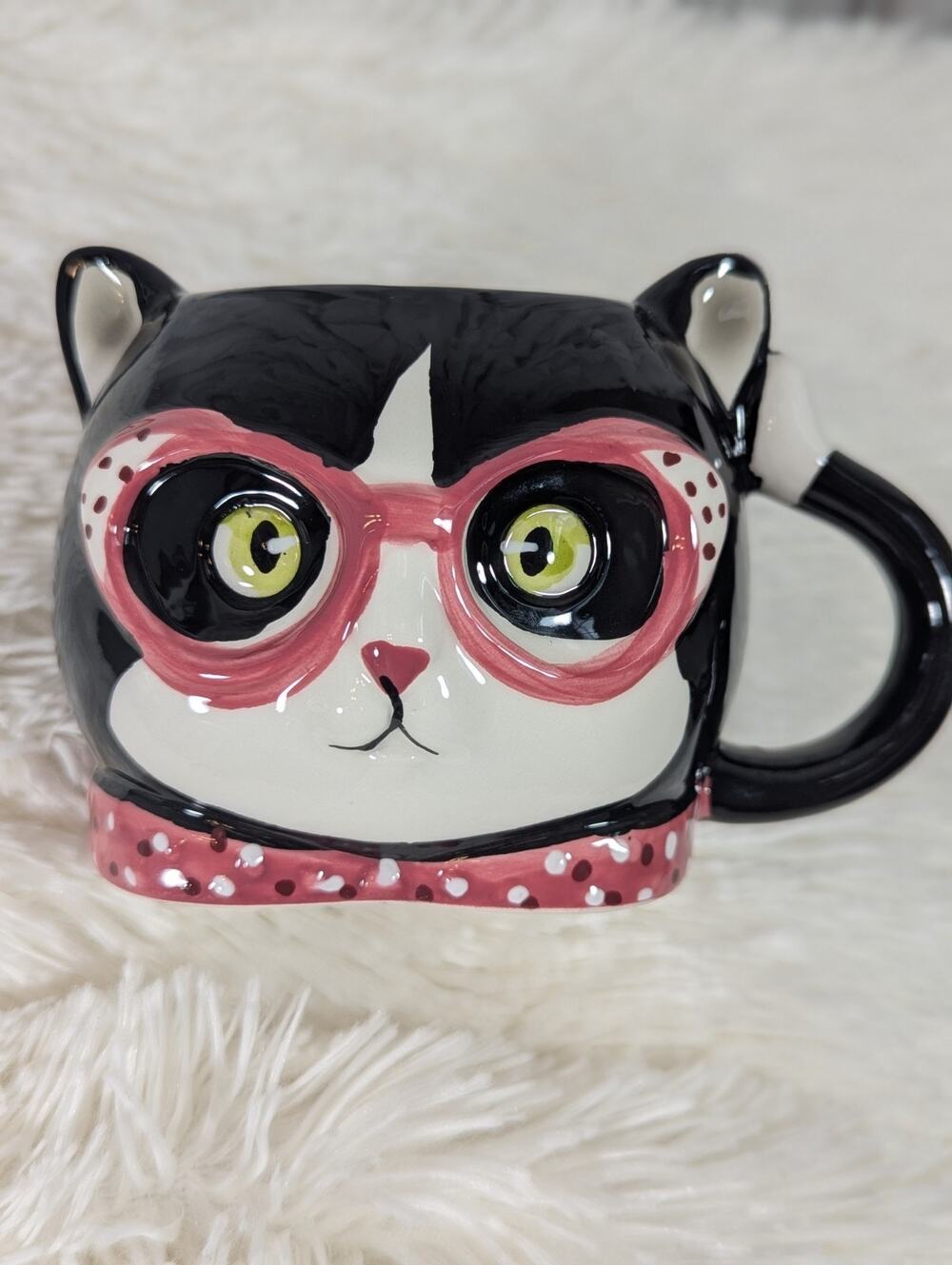 NWT Black Cat Mug Pink Glasses Polka Dot Bow Cute Coffee Cup Kitten Gift Idea